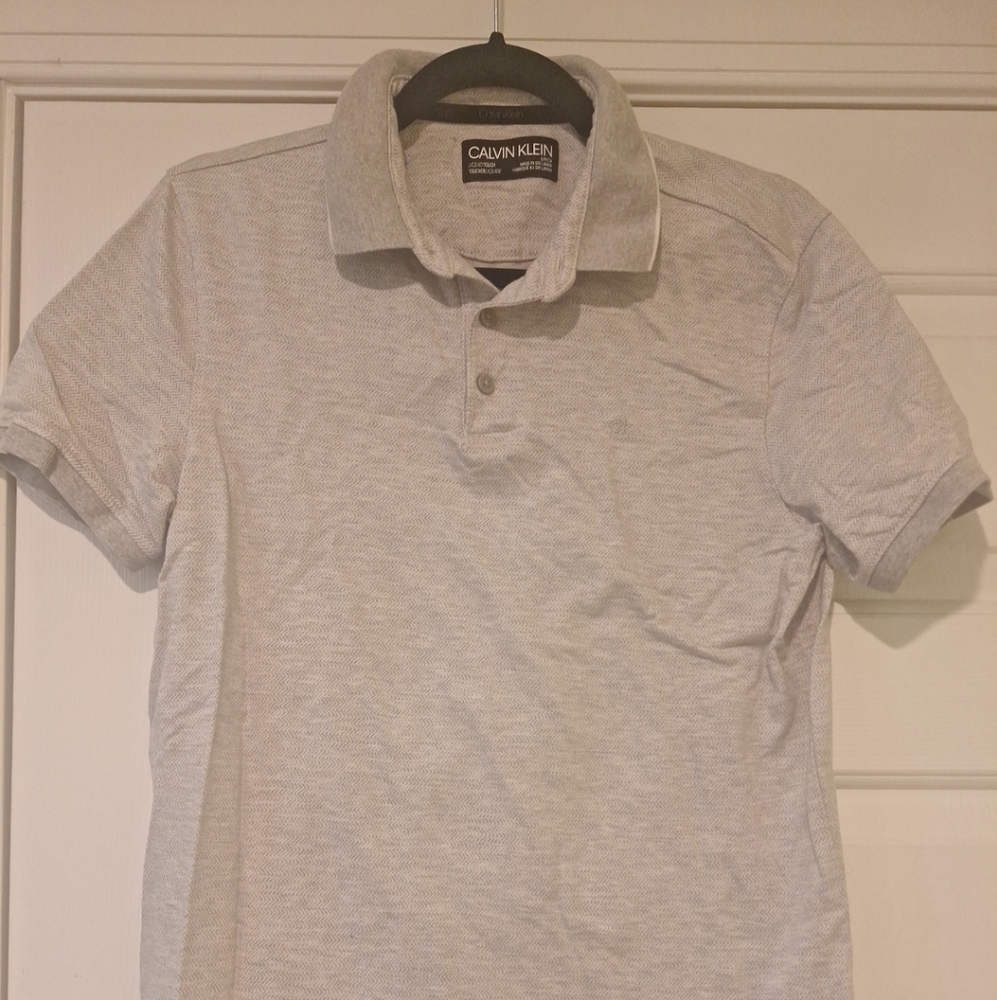Calvin KLEIN LIQUID TOUCH Men's Light Gray Polo Shirt Size Small Herringbone
